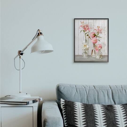 Stupell Industries Spring Pink Florals in Glass Jars Feminine Rustic Flowers in Black Frame Wall Art